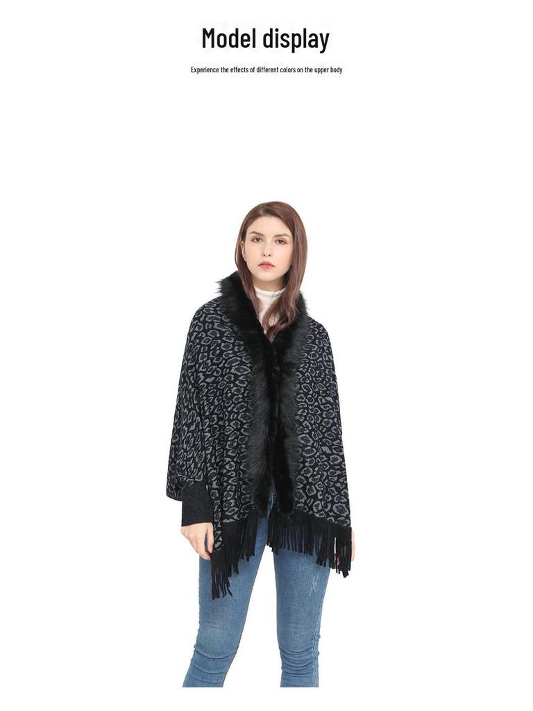 Шерстяное трикотажное пальто-шаль с леопардовым меховым воротником для женщин
