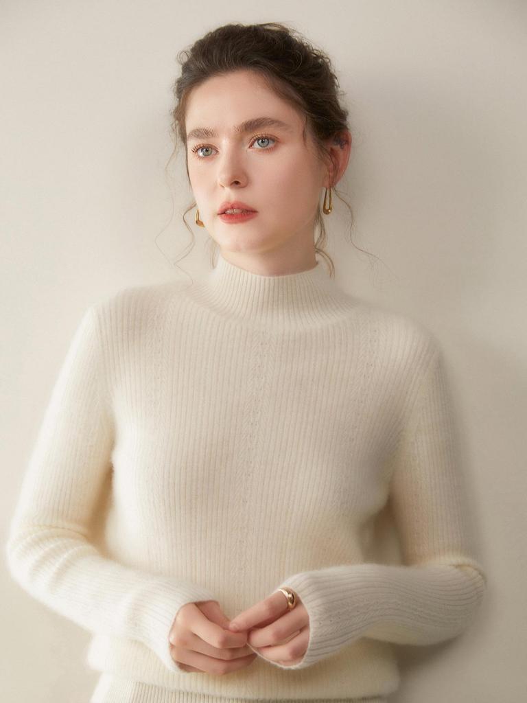 Women's Autumn/Winter Cashmere Sweater: Long Sleeve, Twelve Gauge, Half-High Collar, Patterned Warm Base Layer for Elegant Commute.