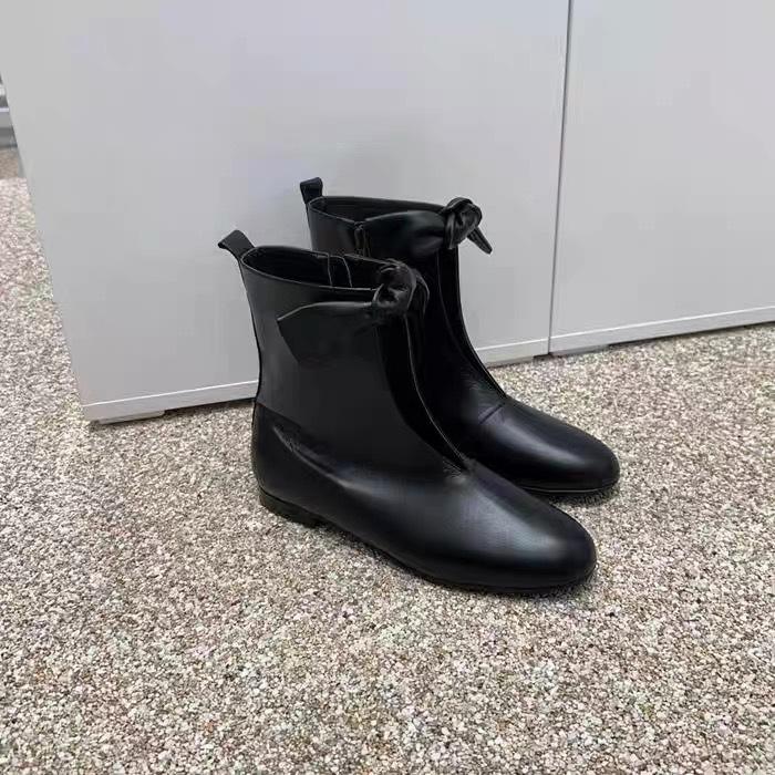 Cowhide Version~ 2025 New Korean Version Leather Round Head Bow Lace-up V-mouth Flat Bottom Casual Versatile Short Boots Women
