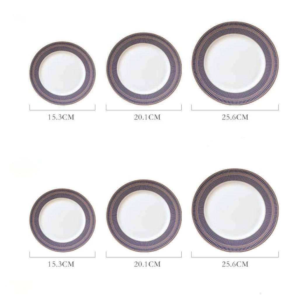 Fine Bone China Dinner Plates Sets, Light Luxury Tableware Stripe Pattern Gilt Edged Porcelain Dinnerware Round Set of 6
