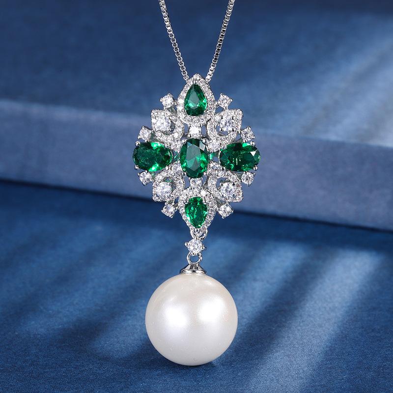 Inlaid white rhombus oval blue diamond zircon pearl pendant necklace simple retro personalized necklace