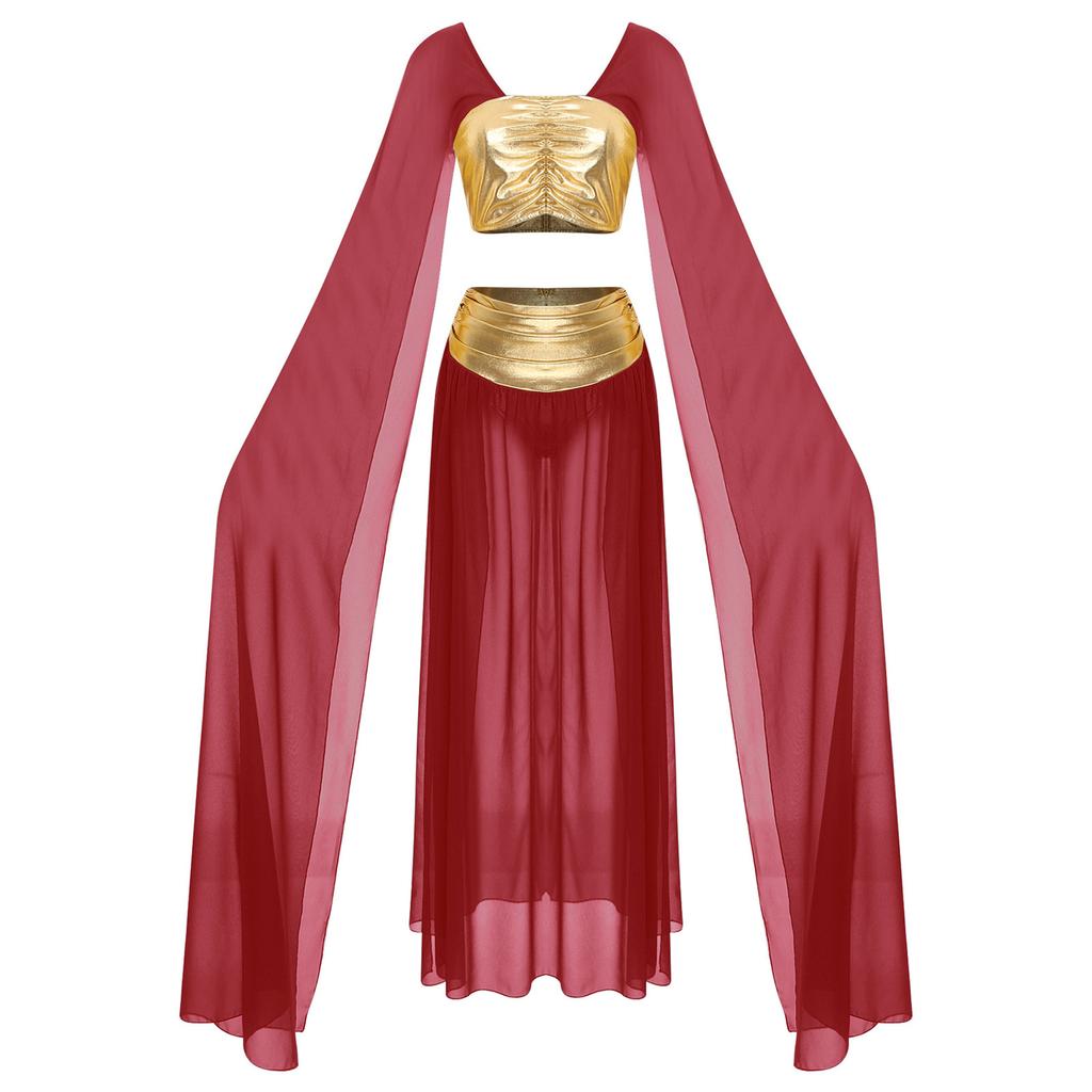 Womens Egyptian Cleopatra Costume Crop Top Split Chiffon Skirt Set Halloween Party Wear
