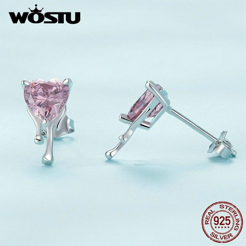 WOSTU Стерлингового серебра 925 пробы, ослепительные розовые циркониевые серьги в форме сердца и ожерелье с подвеской для женщин, комплект ювелирных украшений, свадебный подарок