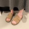 Fashion 2025Women's Flat Sandals Summer New Style Round Head Open Toe Cow Suede Metal Buckle Soft Sole Anti-slip Wear-resistant Slippers