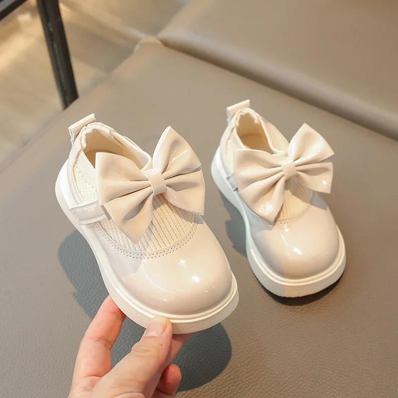 Модные новые вязаные туфли для девочек с бантом, из эластичной ткани, принцесса, детские балетки для школы, лоферы для маленьких детей на липучке, принцесса