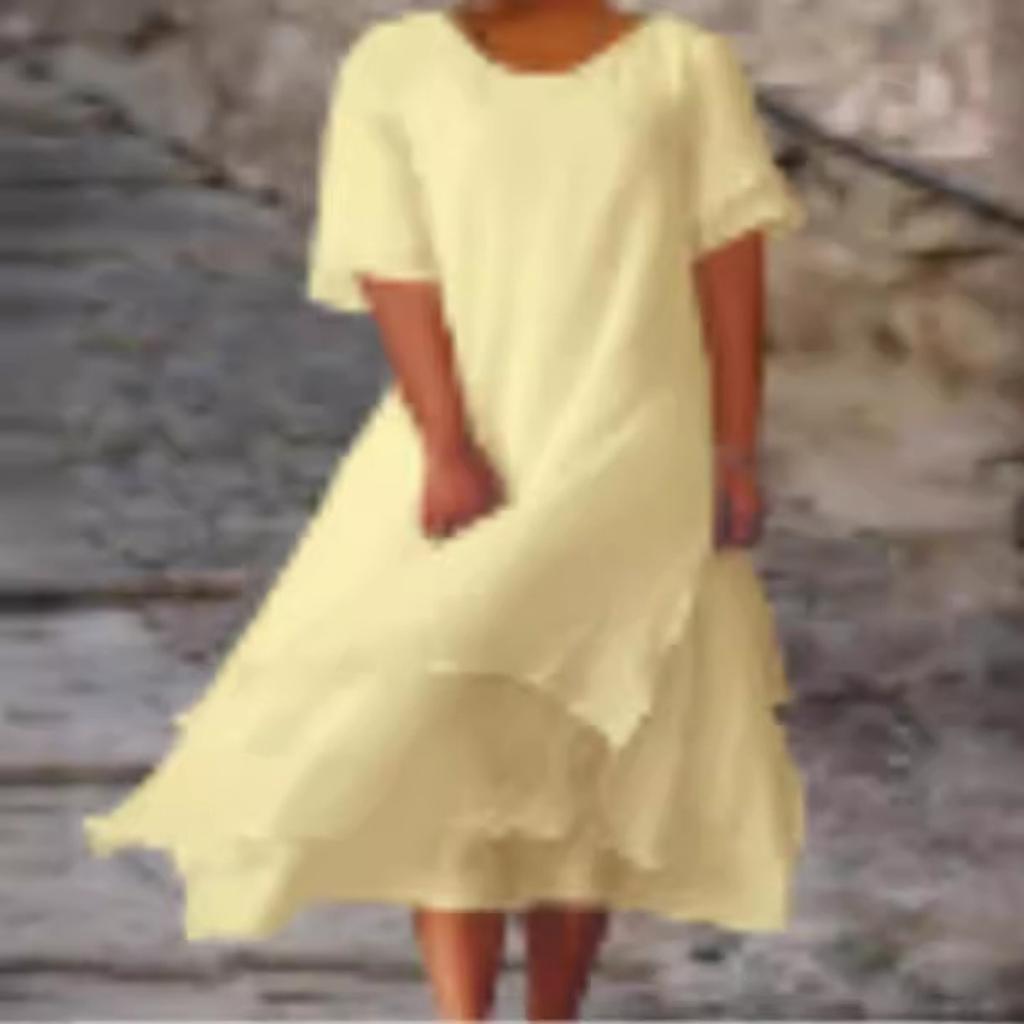 Plus Size Women's Bohemian Double Hem A-line Dress - Short Sleeved Round Neck Casual Vacation Dress, Beach Dress, Soft and Elegant Material