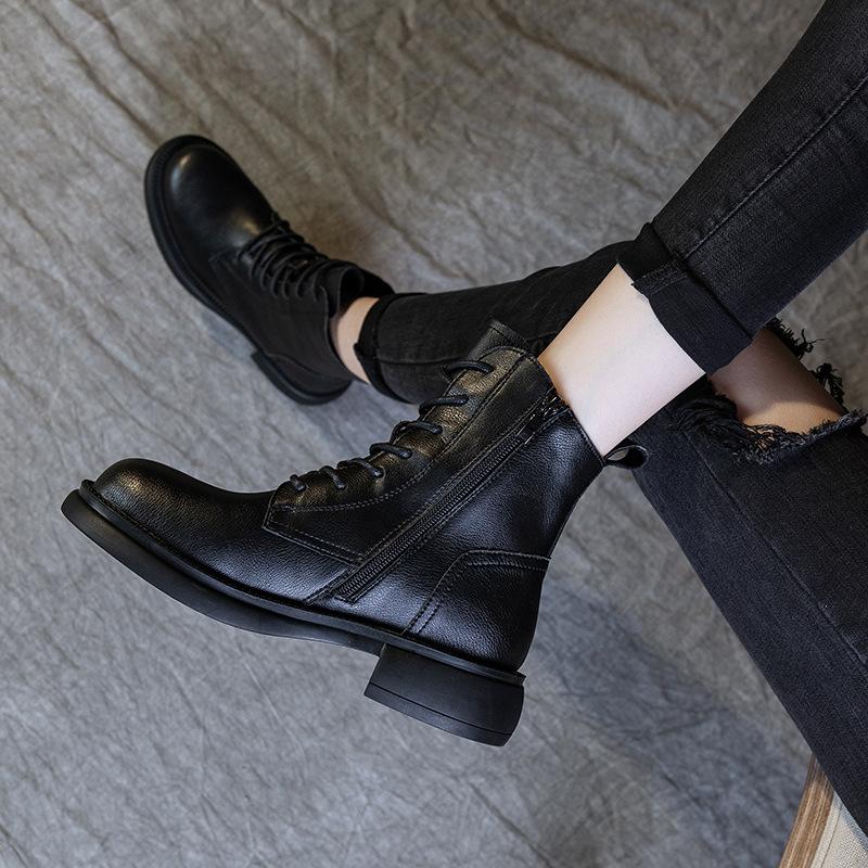 Женская ретро-британская обувь 2024 года, осень и зима, кожаные круглые, тонкие, мягкие, женские туфли, короткие ботинки