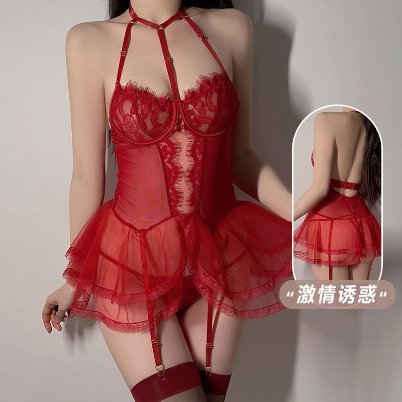 Women's Lace Sheer Mesh Underwire Push Up Backless Slit Sleep Dress Lingerie Set