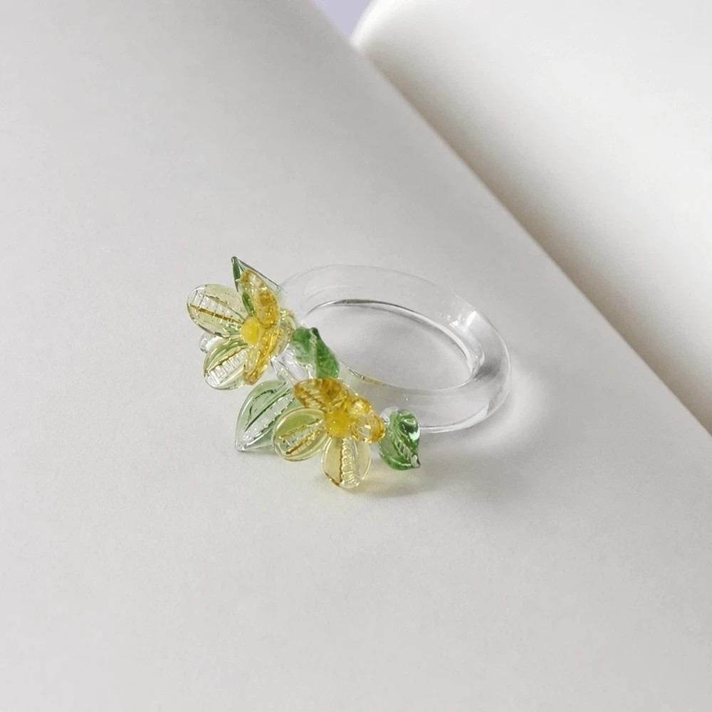 Handmade Glass Four-leaf Clover Ring Cute Coloured Glaze Ring Daisy Flowers Finger Ring Girls