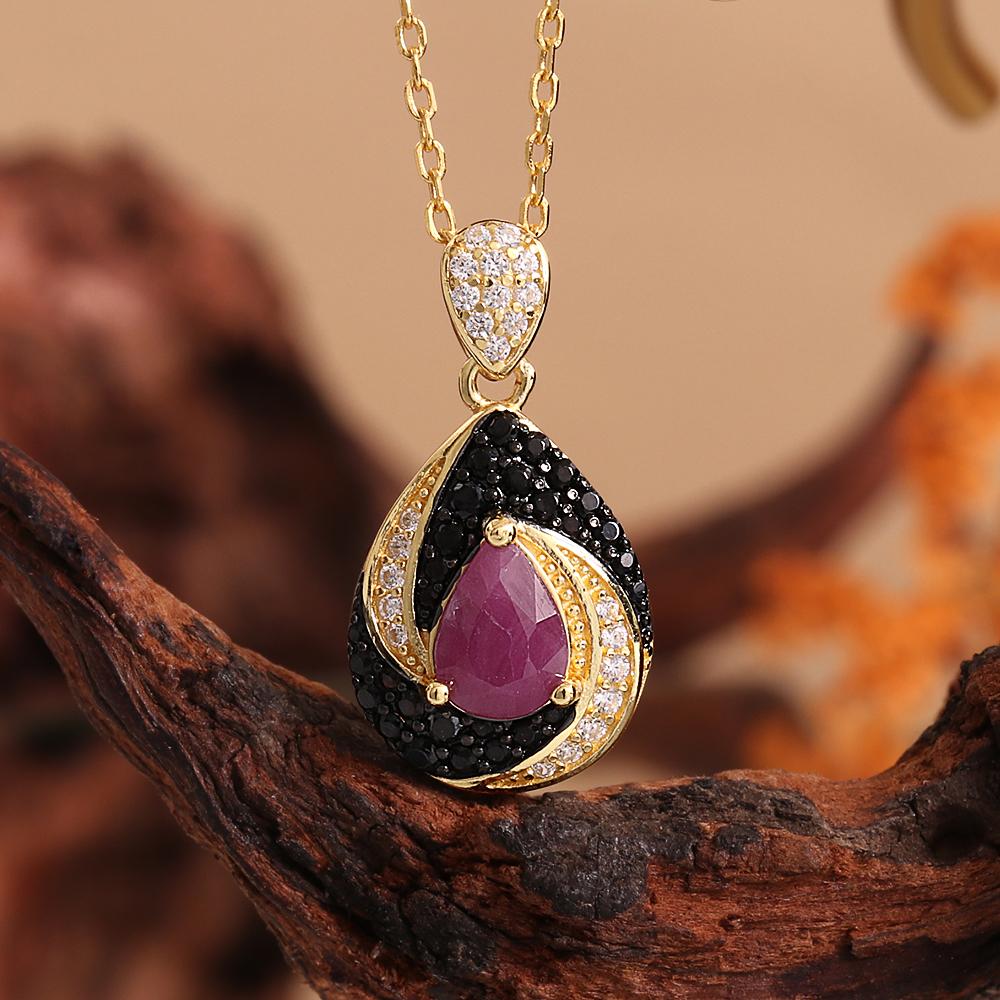 Vintage 925 Sterling Silver Women's Necklace Natural Pear 5*7mm Ruby Real Gemstones Pendant Luxury Fine Jewelry for Banquet Wear