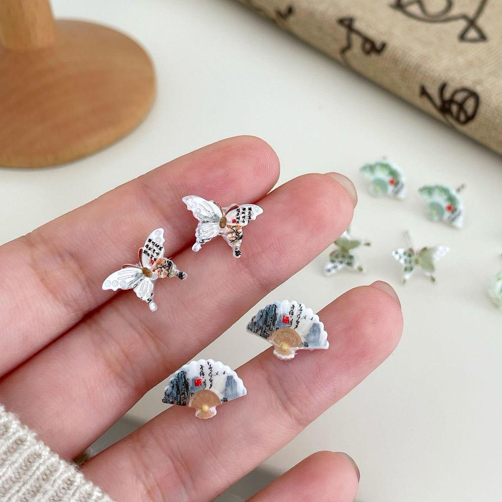 Элегантный комплект серег в китайском стиле с бабочкой и веером и ландшафтным дизайном из смолы