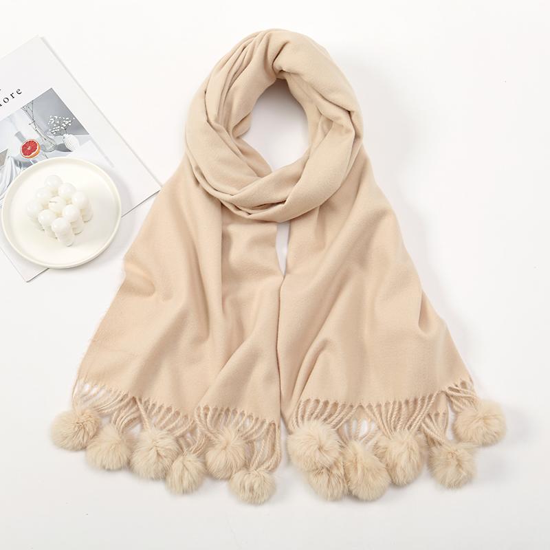 Women Warm Scarf With Rabbit Fur Ball Pashmina Thick Scarves Shawls Winter Cashmere Pompom Scarf Ladies Oversize Blanket Wrap