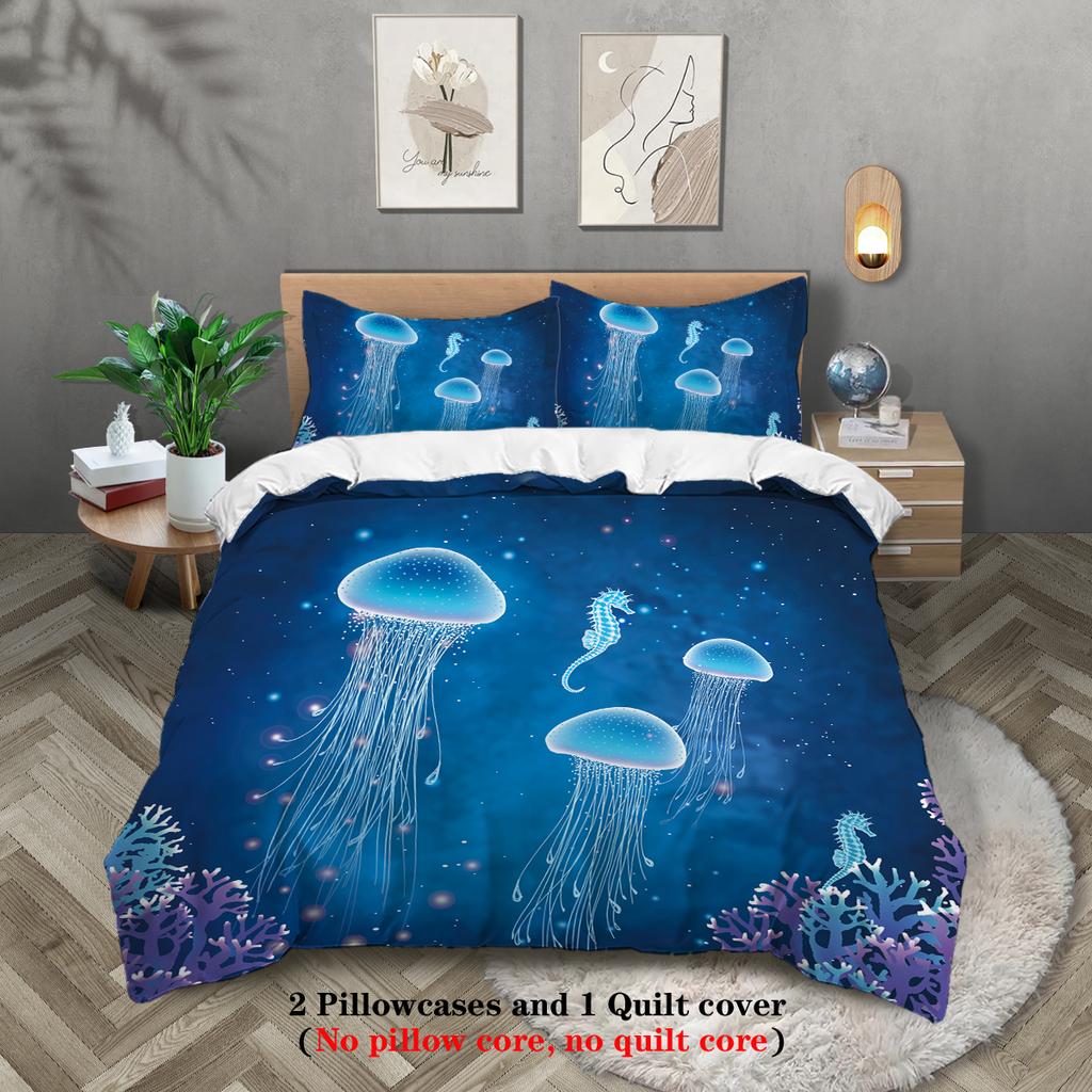 Комплект постельного белья из 3 предметов с рисунком медузы, 1 пододеяльник + 2 наволочки, размер queen, для спальни с двуспальной кроватью, гостевой комнаты