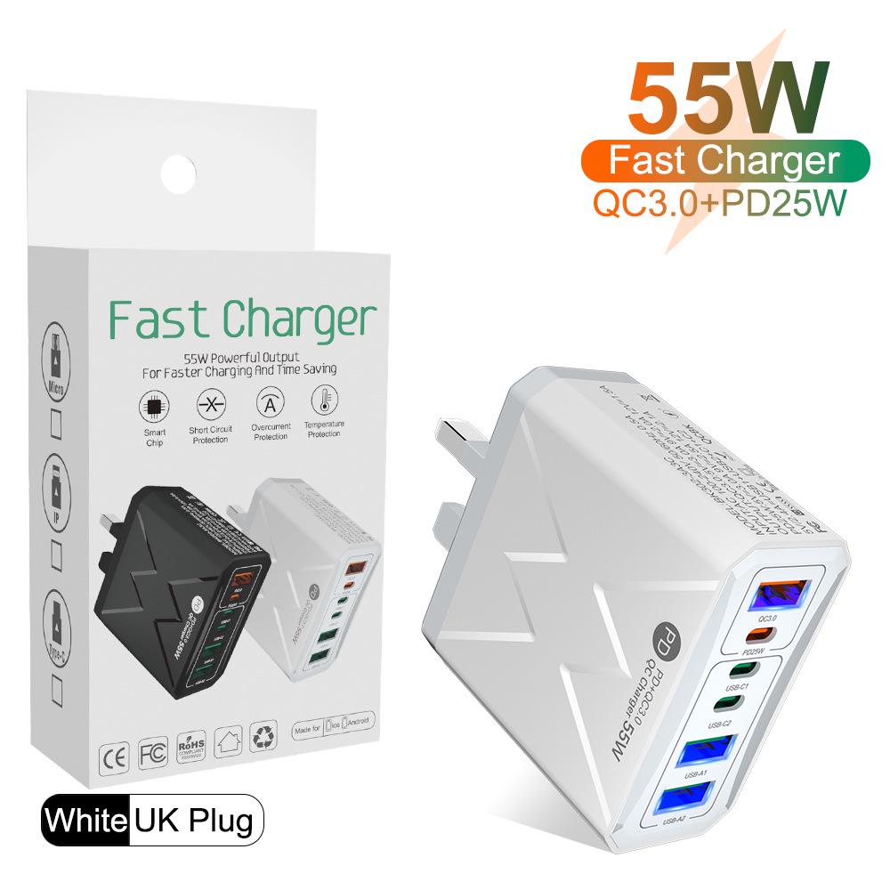 Быстрое зарядное устройство PD 25 Вт на 6 портов: 3 USB, 3 PD 55 Вт с QC3.0 – Штекеры EU, UK, AU