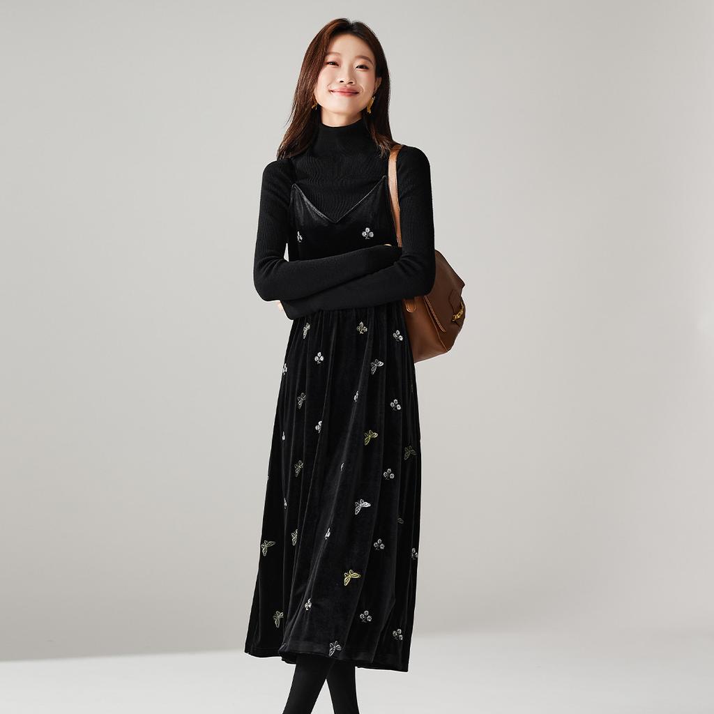 French floral bow embroidered camisole dress