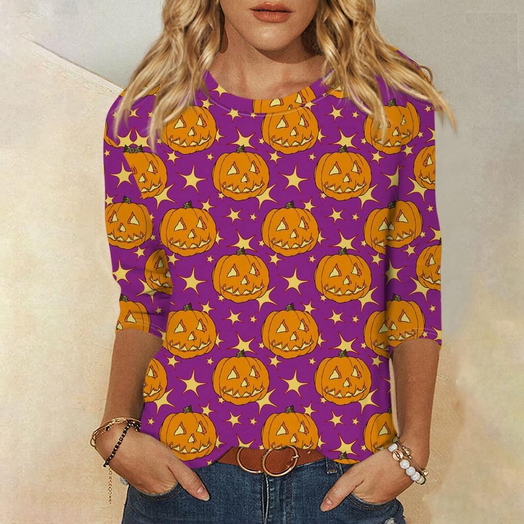 Женская модная повседневная свободная футболка с круглым вырезом и рукавами 3/4 на Хэллоуин, женский топ