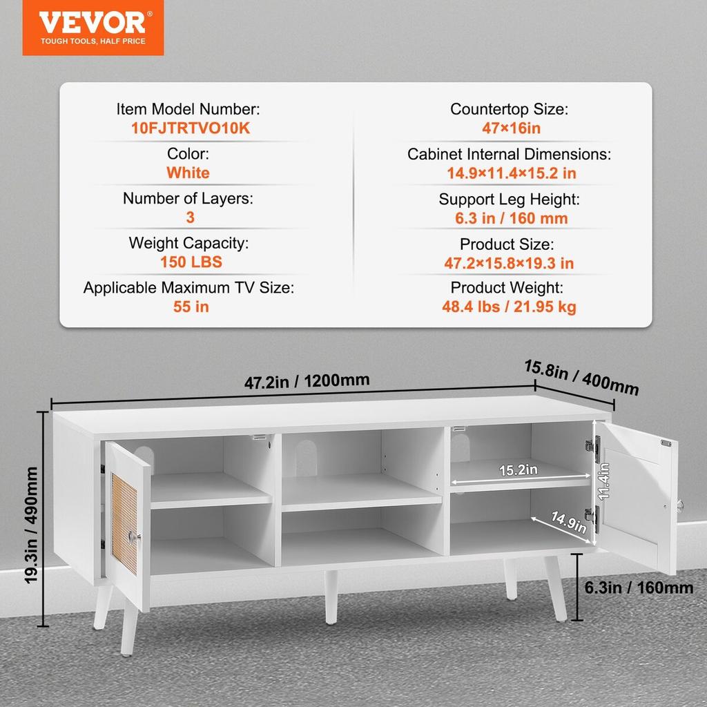 Rattan TV Stand, Boho TV Cabinet for 55 inch TV, Mid Century Modern TV Stand, Rattan TV Console with Adjustable Shelfs for Living Room, Media Room,
