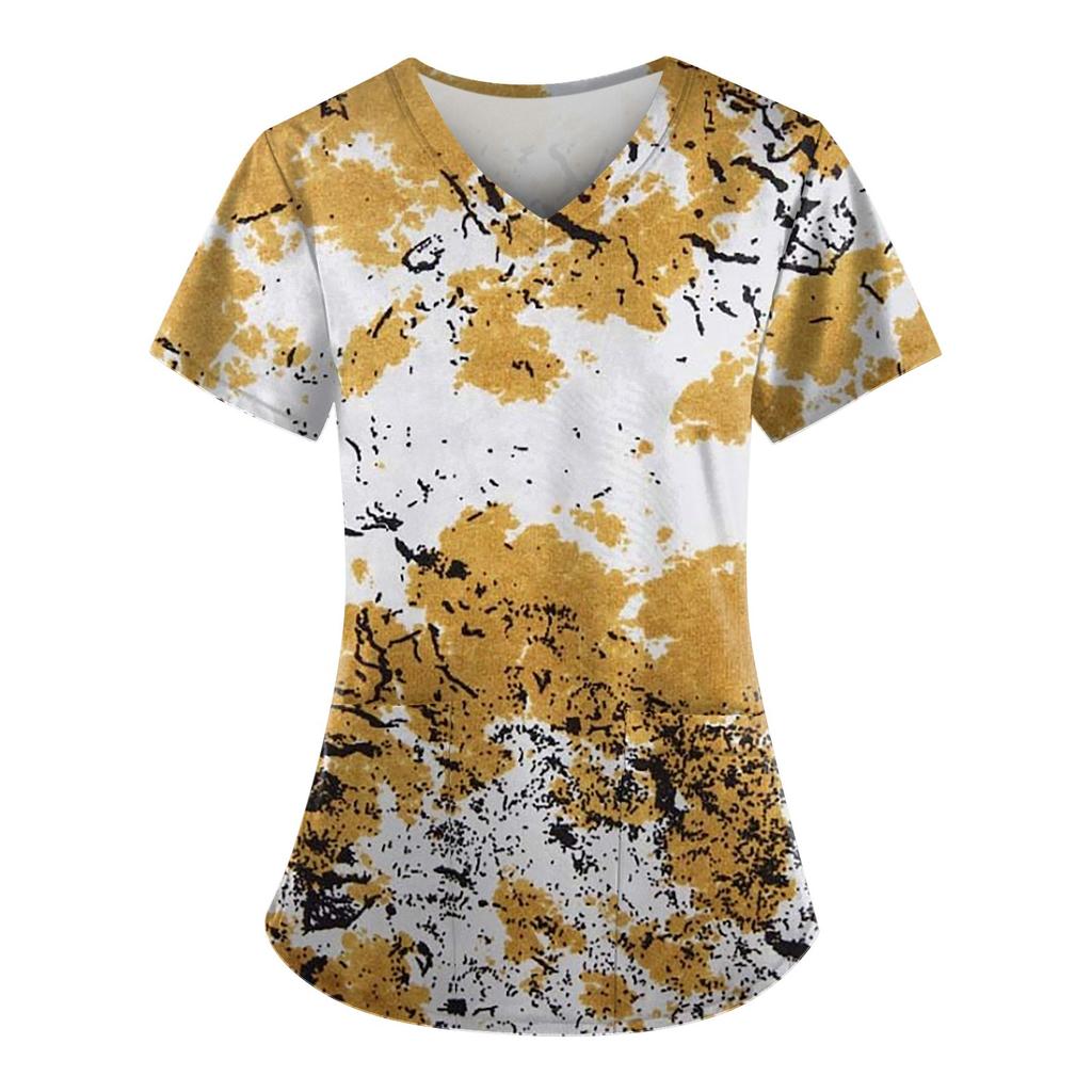 Женская мода, рабочая одежда с v-образным вырезом, короткими рукавами и карманами, топы с принтом, летние топы для женщин