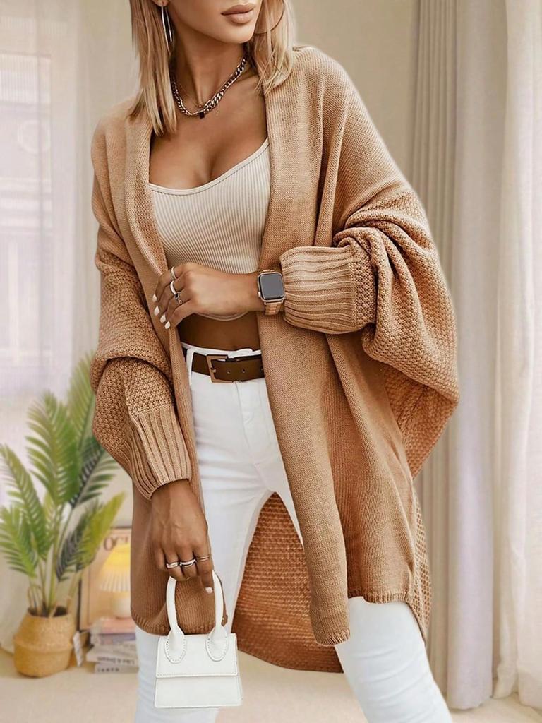 Женский oversized длинный кардиган-свитер с открытой передней частью, рукава летучая мышь, осенний трикотаж