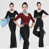 Women's V-Neck Short Sleeve Dance Outfit with Black Flared Pants
