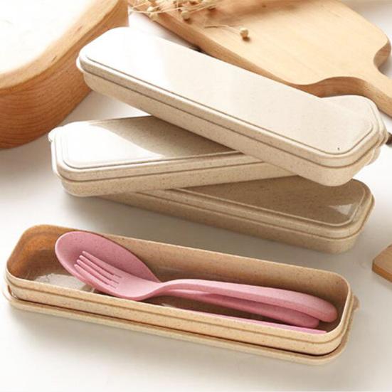 3 шт. портативный набор посуды, экологически чистые палочки для еды, ложка, вилка, пластиковые столовые приборы с коробкой для студентов, офисных работников