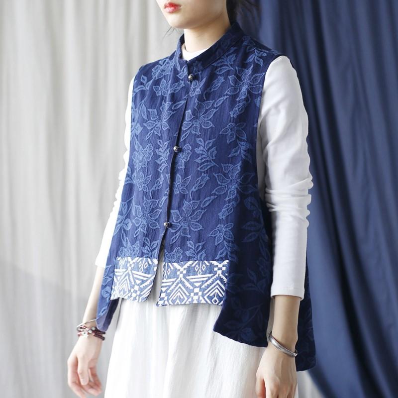Johnature Женские винтажные жаккардовые темно-синие пуговицы в китайском стиле, осенние жилеты
