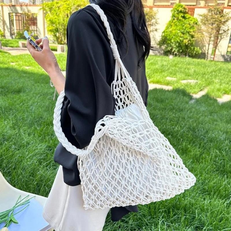 Сумки через плечо из однотонной ткани ручной работы из ажурной сетки, летние высококачественные минималистичные универсальные сумки для отпуска для женщин
