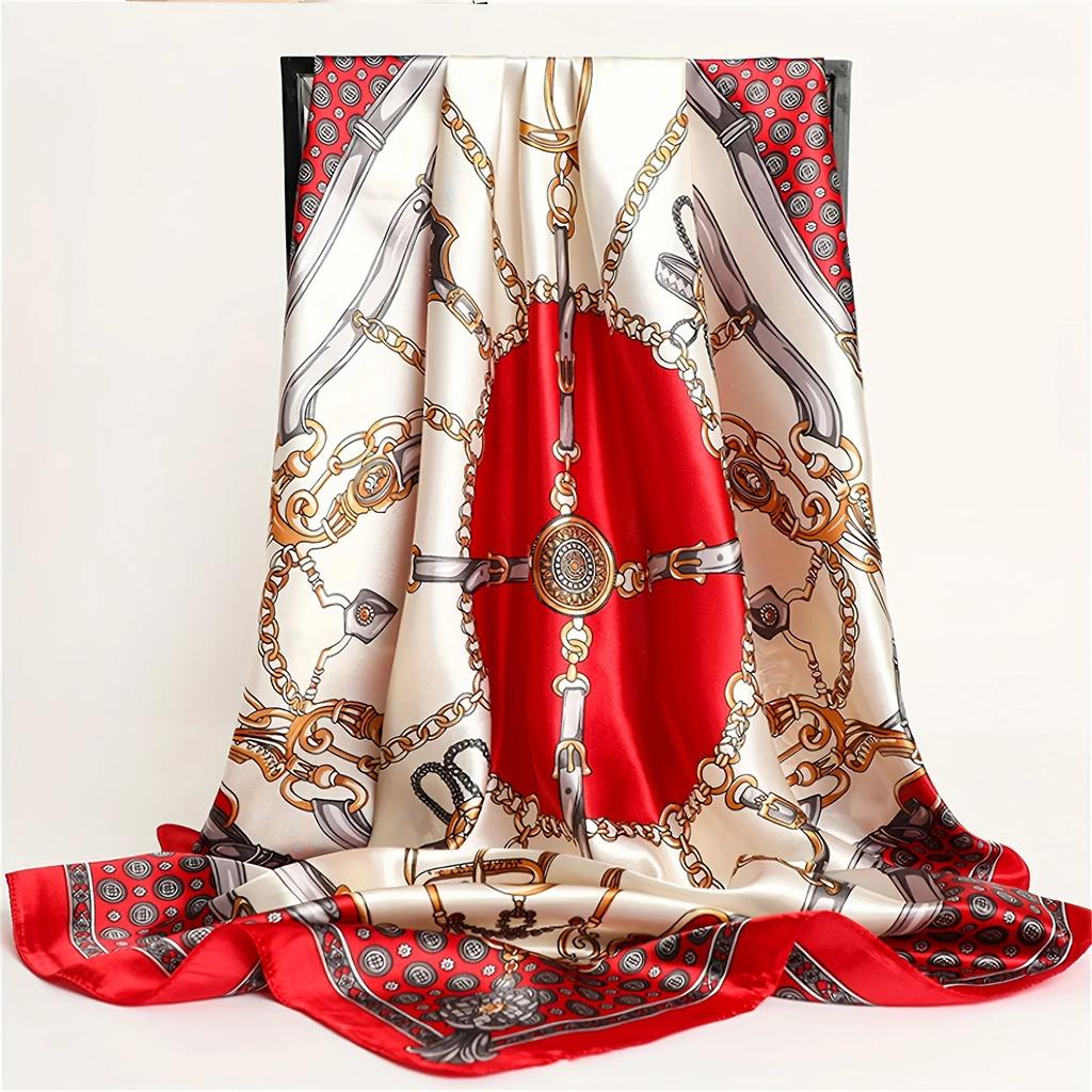 Chain Printed Square Hijab Scarf Stylish Thin Satin Shawl Elegant Style Sunscreen Headscarf For Women