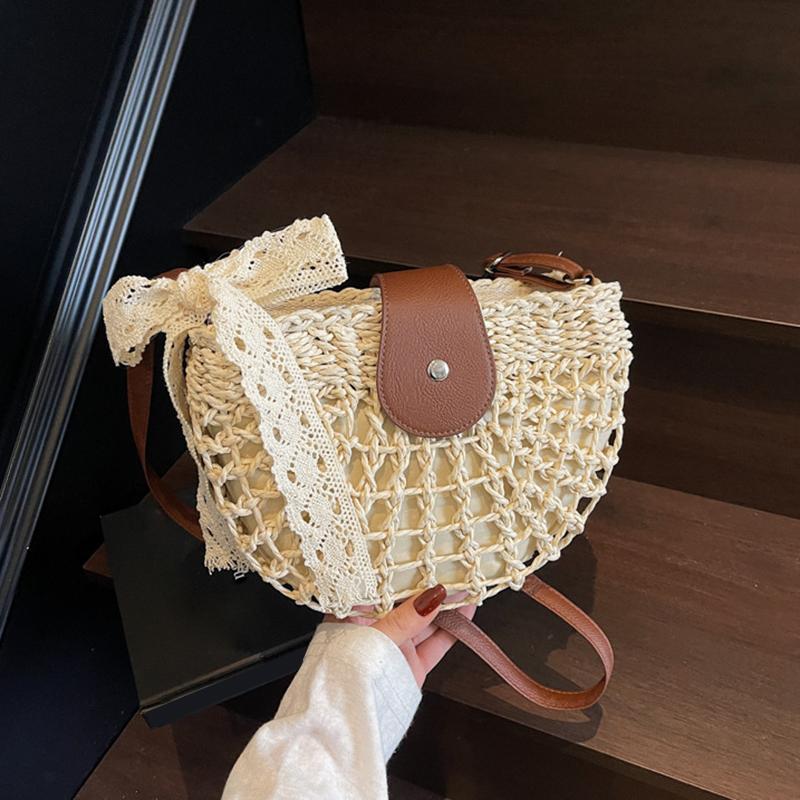 Летняя соломенная сумка для женщин, модная полукруглая сумка кроссбоди, плетеная вручную из ротанга, сумка-мессенджер, дорожная пляжная сумка KTB