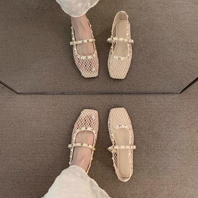 Французские туфли-сандалии с полым верхом цвета обнаженного абрикоса, с нежными заклепками, темпераментные, летние, сказочные, в богемном стиле, для отпуска, Мэри Джейн