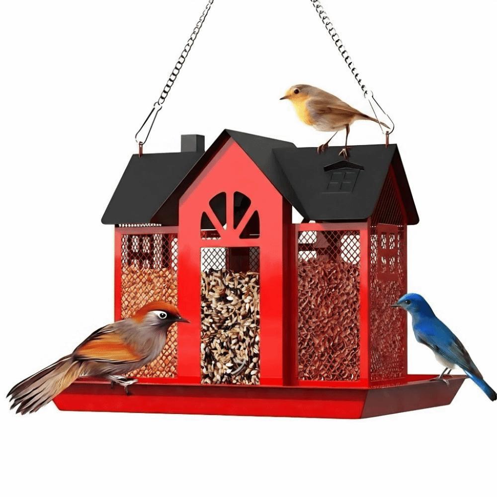 Multi-purpose Metal Hanging Bird Feeder Large Capacity House Shape Hummingbird Feeder Rainproof Wild Bird Feeder Yard Decoration