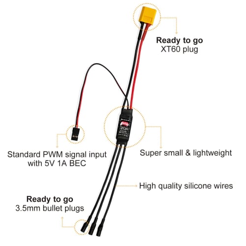 HAWK'S WORK Brushless Electronic Speed ??Controller, 20A Brushless Motor Electronic Speed ??Controller BEC 5V 1A with XT60 and 3.5mm Plugs, Ultra-Ligh