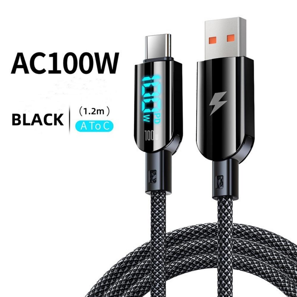 100W USB A to Type C Digital Display Fast Charge Cable PD High Speed Data Transfer Braid Cord For iPhone Samsung Huawei Xiaomi