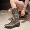 Осенне-зимние ретро-ковбойские сапоги для женщин с толстой подошвой Mordern Botas Fashion Slip on Rivet Chain Женские повседневные короткие сапоги D27
