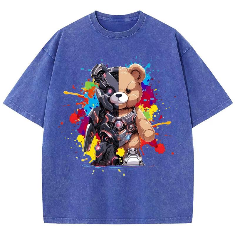 Женские хлопковые выстиранные футболки Модные свободные футболки с круглым вырезом и принтом медведя Меха-воина, с коротким рукавом, женская одежда