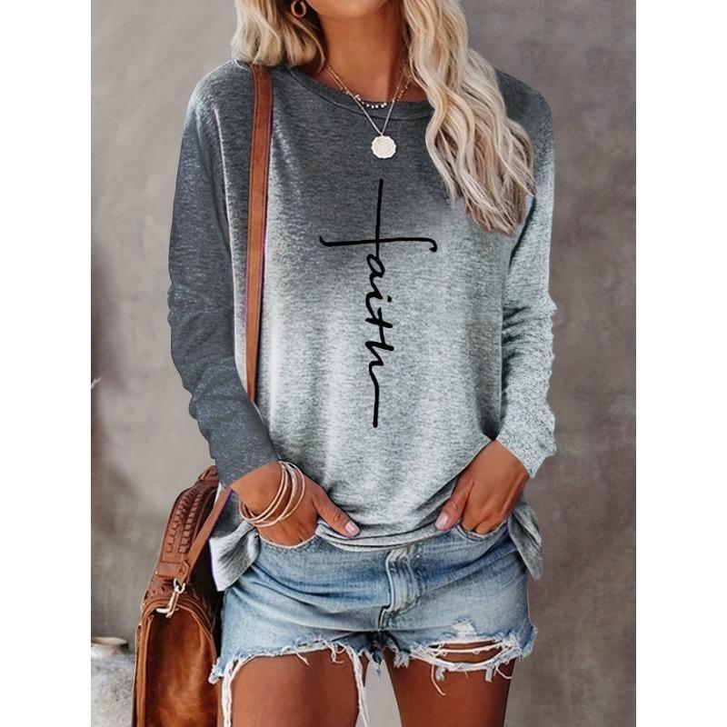 Женская футболка с градиентным принтом надписи Faith, топ с длинным рукавом, женская графическая блузка, женская одежда, рубашки, осень, для улицы, повседневная