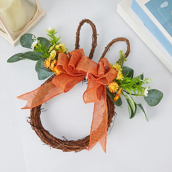 Венок пасхального кролика из ротанга, плетеный в форме кролика, венок с бантом, искусственная зелень для камина, двери, стены, окна, декор