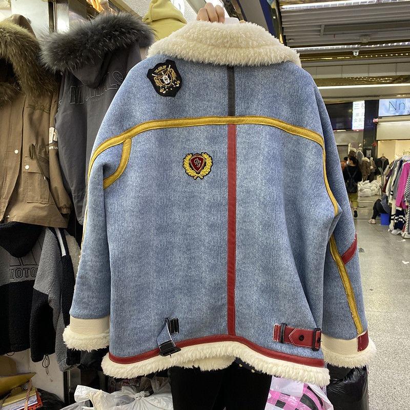 Зимний новый костюм-локомотив со стойкой, джинсовая куртка с отделкой из овечьей шерсти, женский, цвет на фото, другое