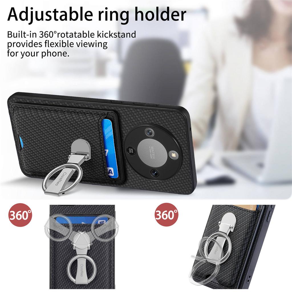 CASENEO Phone Case For Honor Magic8 Lite 5G / X9d 5G / X70 5G Leather Back Cover with Kickstand and Card Slots Carbon Fiber Texture