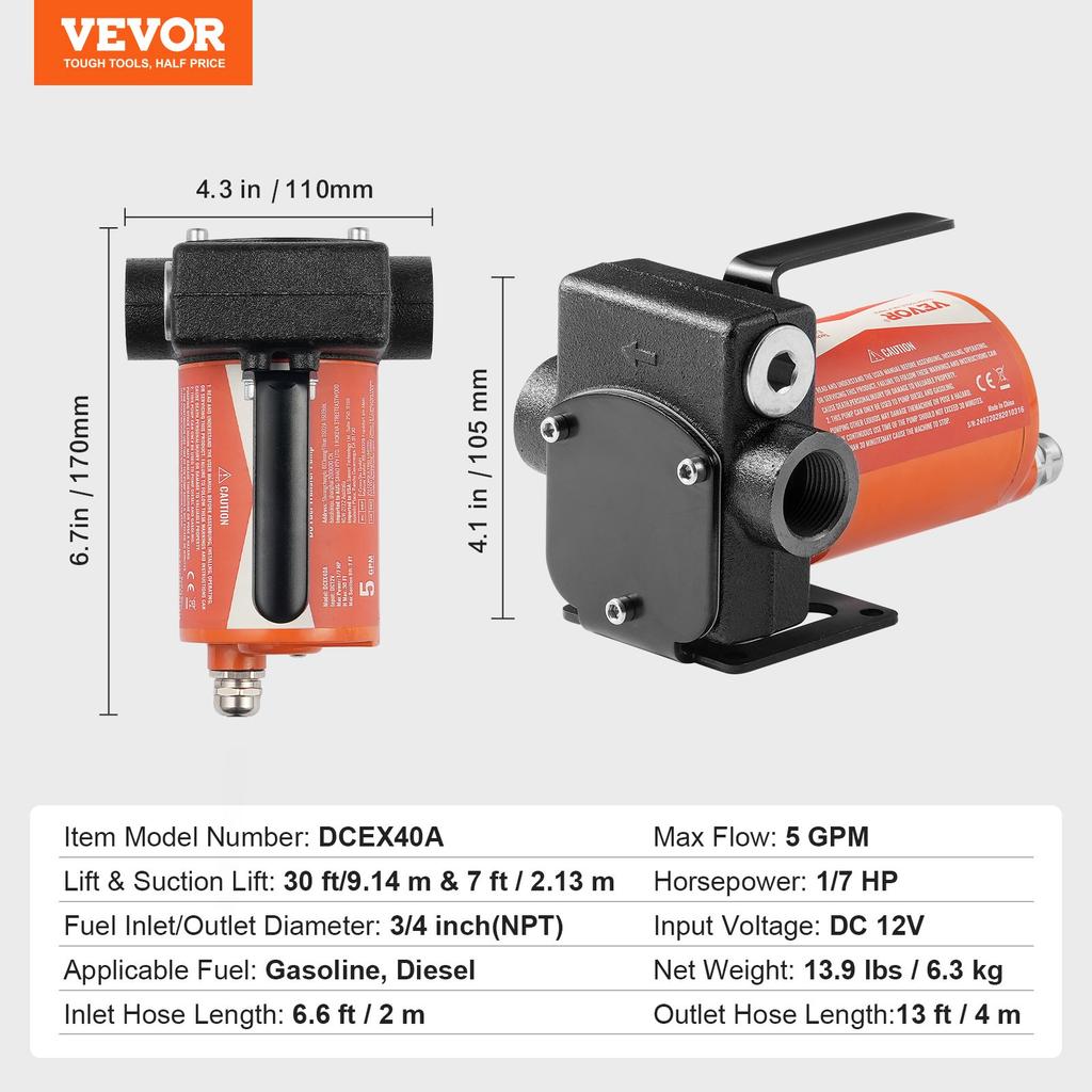 VEVOR Fuel Transfer Pump, 12V DC 19L/min(5.3 GPM) 75W(1/10 HP), Portable Electric Diesel Transfer Pump with Auto Shut-Off Fuel Nozzle