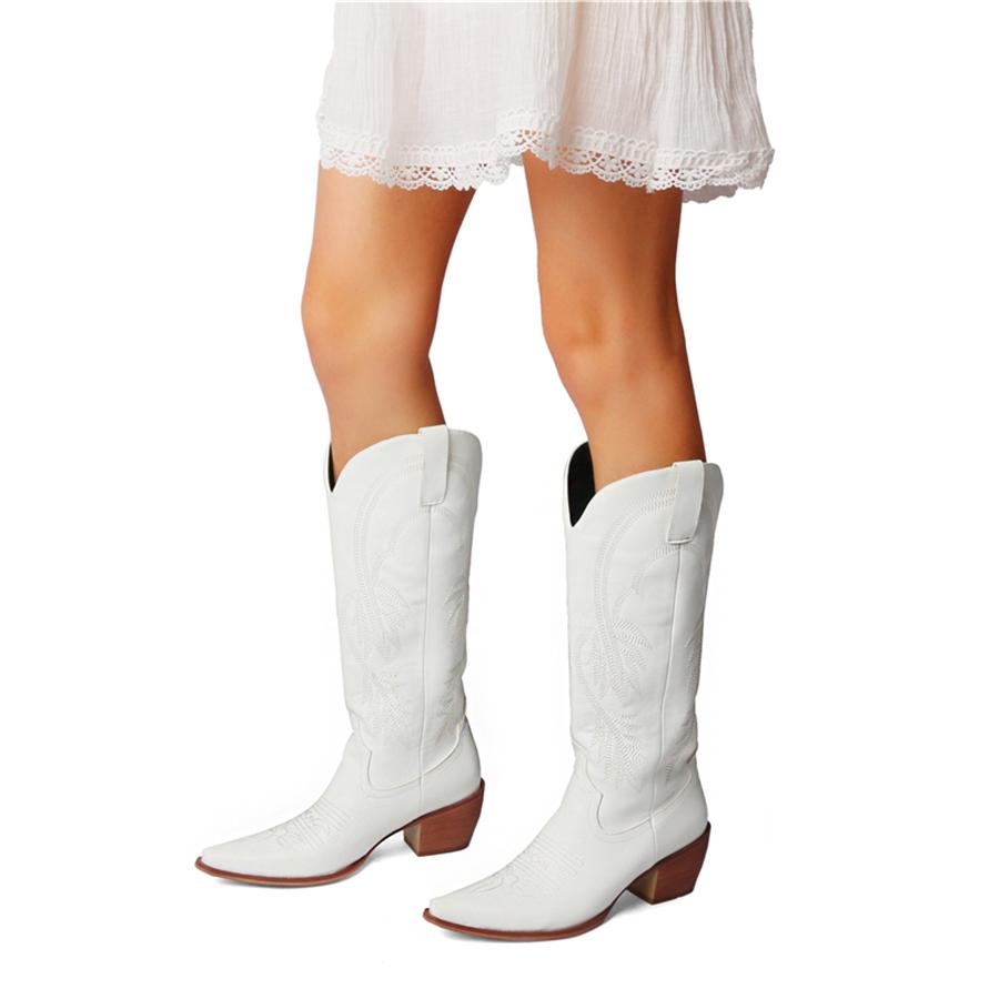 FOREADA Женские ковбойские сапоги до колена, с острым носком, на массивном высоком каблуке, с вышивкой, в стиле вестерн, сапоги гого, женская модная обувь, зима, красные