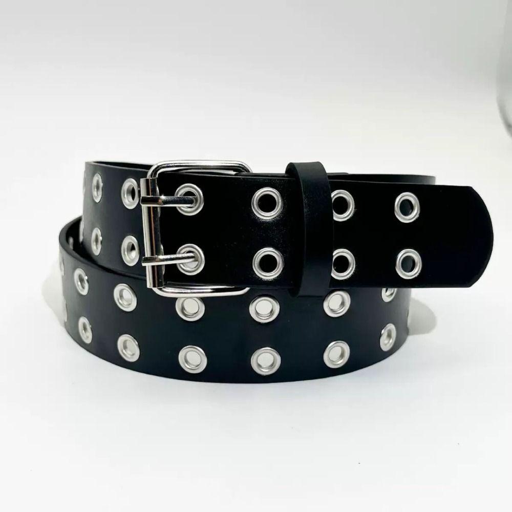 Punk Double Row Hole Belt Metal Buckle Hip-hop Waist Belt PU Leather Star Waistbands  Female/Girls