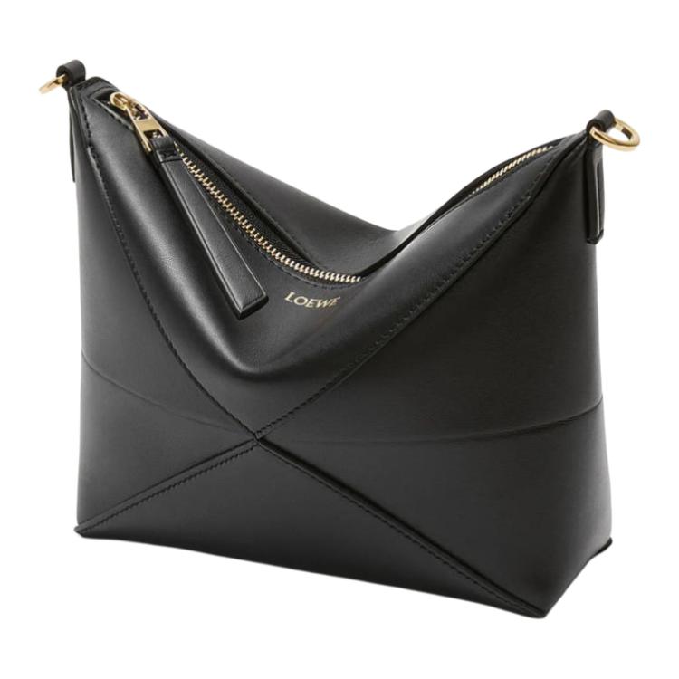 Loewe Fold Detachable Adjustable Shoulder Strap Zipper Closure Leather Crossbody Tote Bag Women Handbags Black C510PT1X01-1100