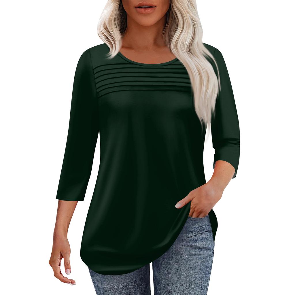 Женская мода круглый вырез шея плиссированная передняя планка однотонный топ рукав 3/4