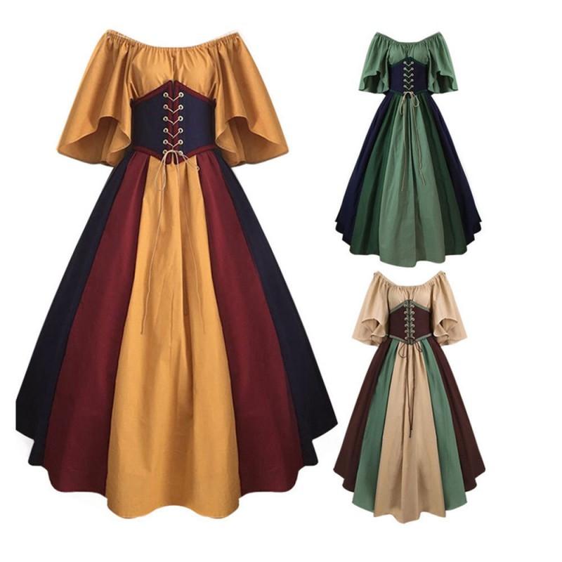 Medieval Vintage Contrast Panel Gown Cosplay Costume Halloween Party Dress Role Play