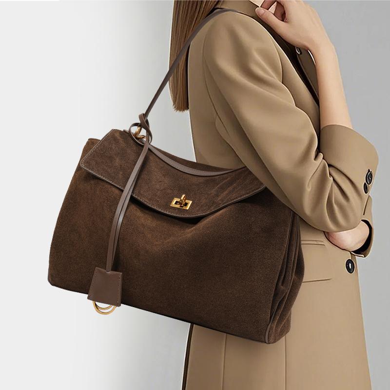 Women's Genuine Two-Layer Leather Shoulder Bag - Brown Suede Handbag with Gold Hardware, Classic Tote for Daily Use & Work