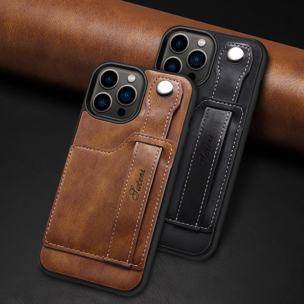 Luxury Leather Phone Case for iPhone 15 Pro Max 14 Plus 13 12 Pro 15Pro with Card Slot & Wrist Strap Holder Back Cover LS215