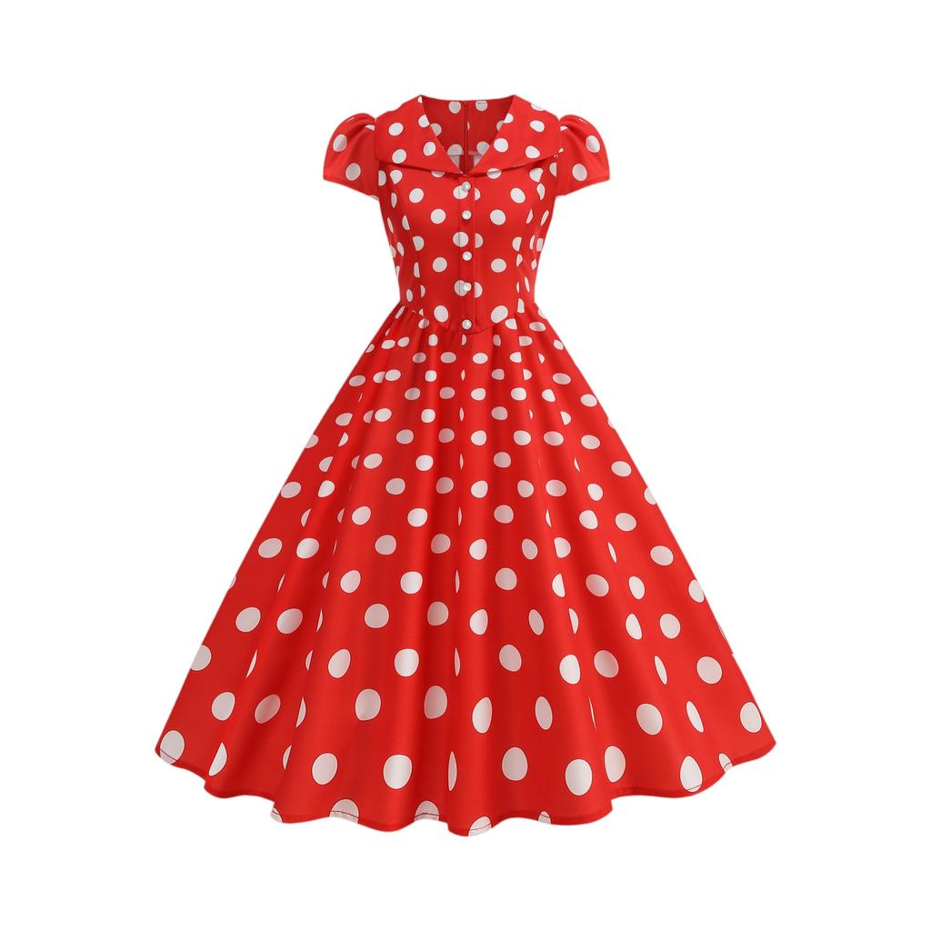 Женское модное платье в горошек с коротким рукавом