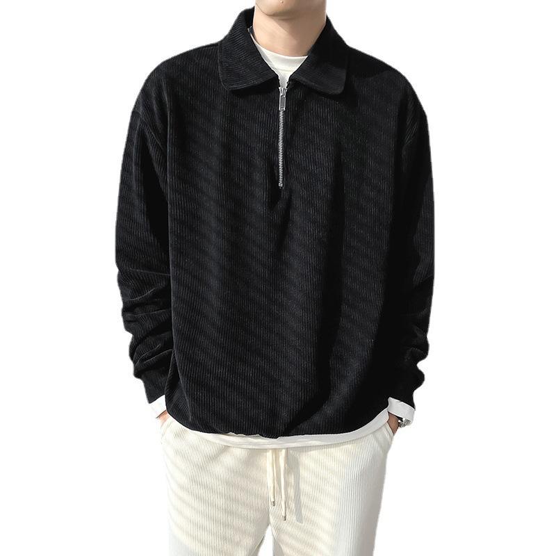 Men Vertical Striped Top Half Zipper Turn-down Collar Corduroy Loose Solid Color Long Sleeves Pullover Shirt Daily Wear