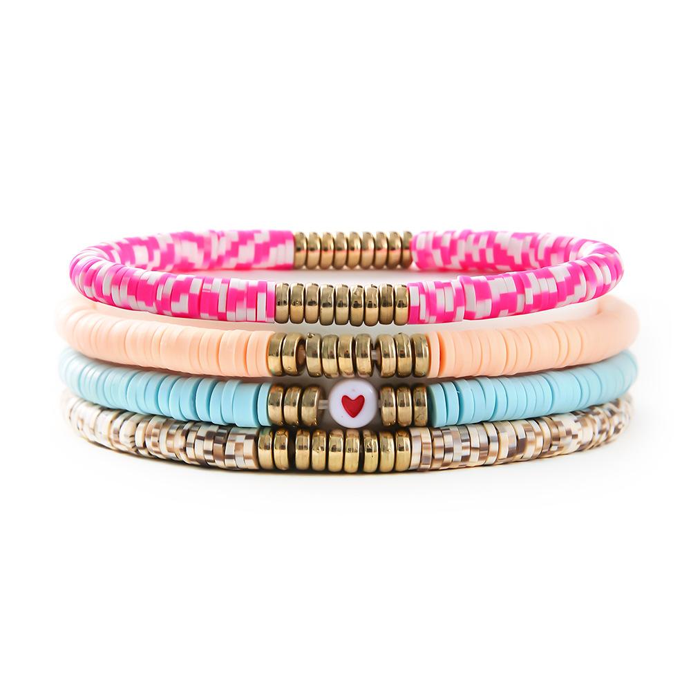 Ethnic style multi-layer acrylic love beaded bracelet 1-piece set Bohemian color soft pottery elastic bracelet